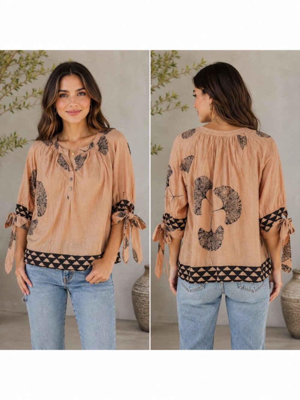 Natalie Martin Women's Floral Blouse Beige and Black XS